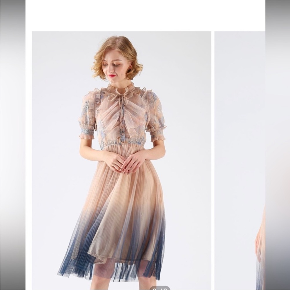 CHICWISH Women Gradient Pleated Mesh Tulle Midi Dress